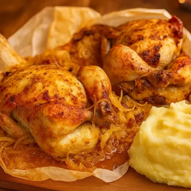 Курчата, запечені з капустою та беконом у духовці