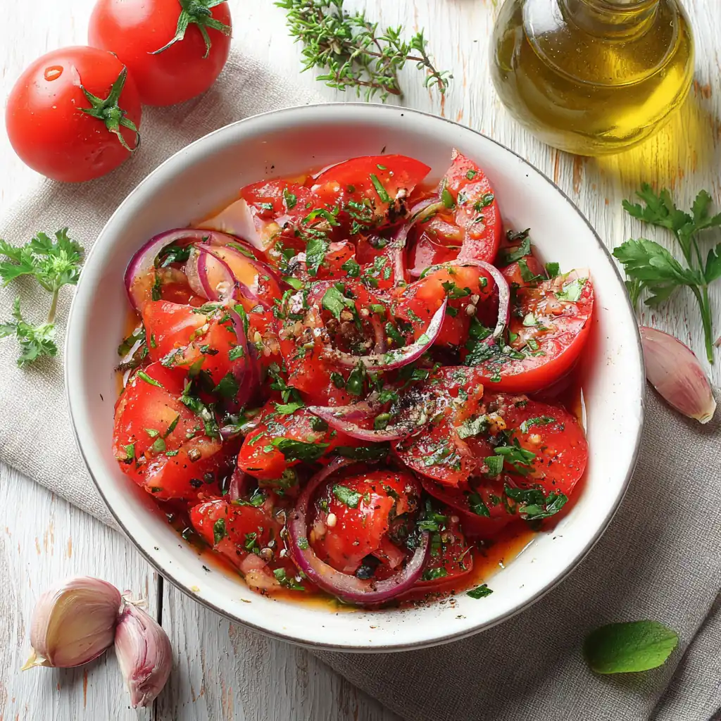Мариновані помідори з цибулею і часником — соковита закуска за 1 годину