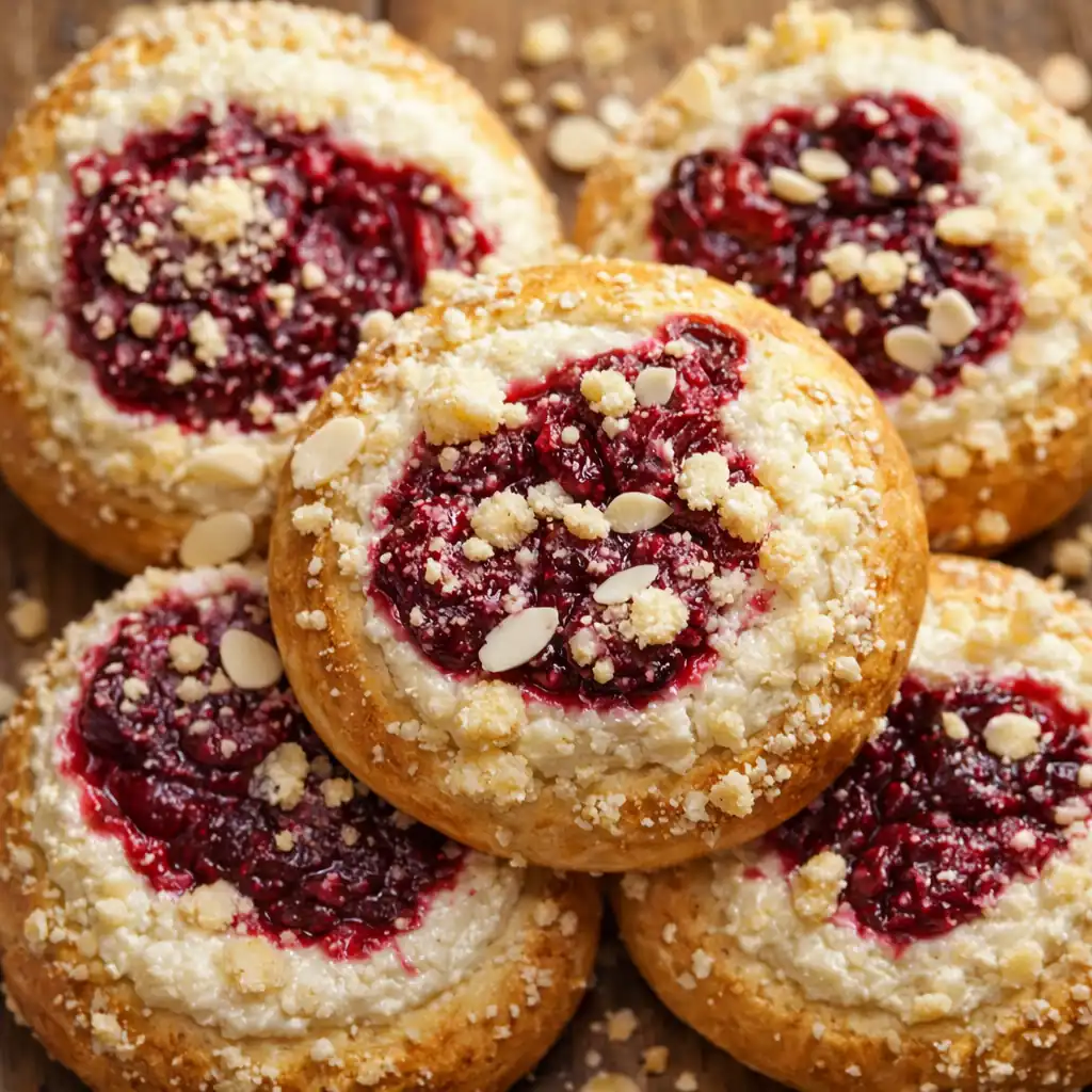 Дріжджові ватрушки з творогом і вишнею під хрустким штрейзелем