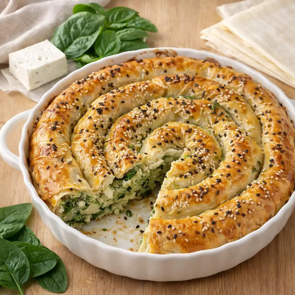 Спанакопіта — грецький хрусткий пиріг зі шпинатом і сиром у тісті філо