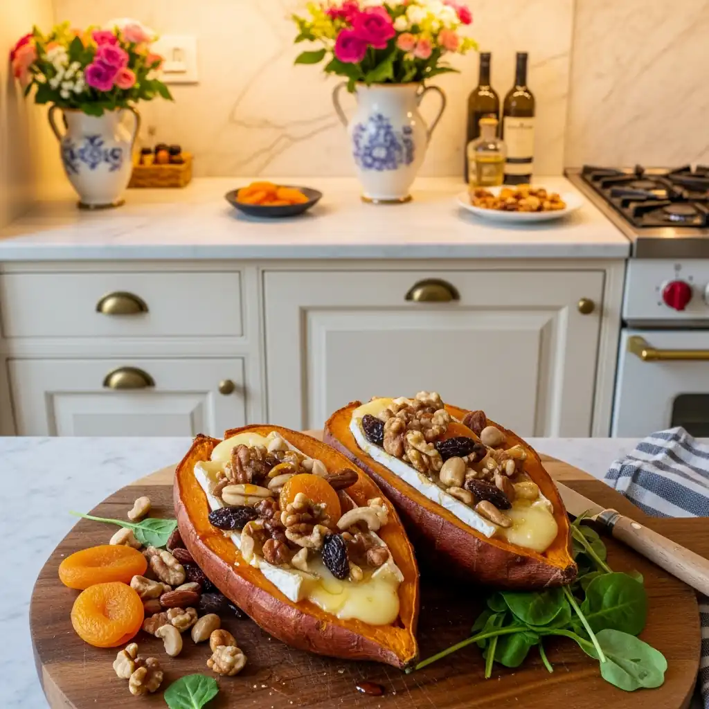 Запечений батат із сиром брі, горіхами та медом