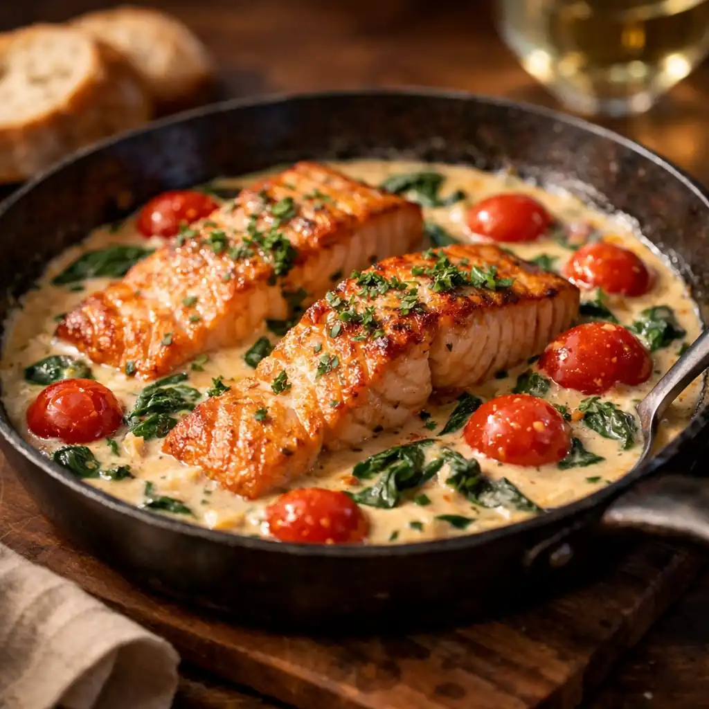 Лосось у вершковому соусі зі шпинатом і томатами