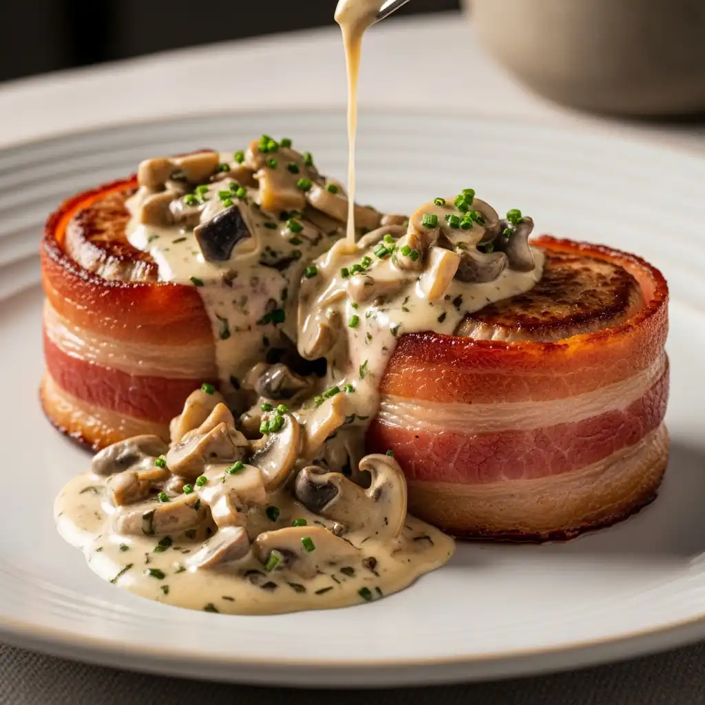 Медальйони зі свинини  в беконі з чорносливом і грибним соусом