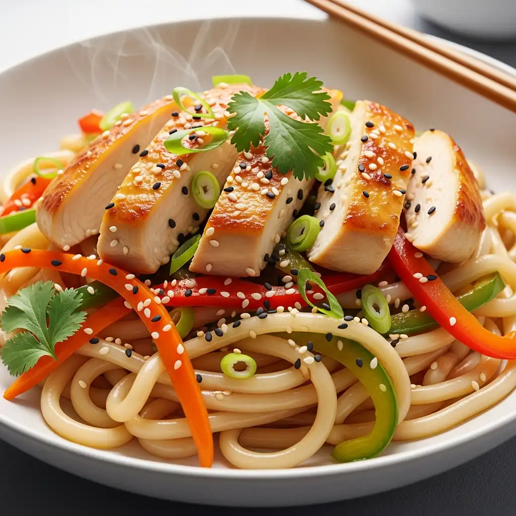 Удон з куркою та овочами — швидка азійська страва на сковороді