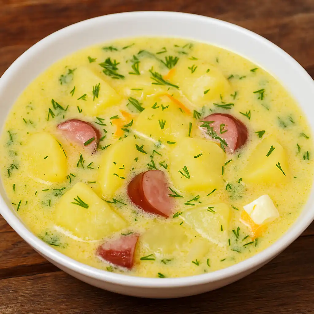 Суп із ковбасками та плавленим сиром