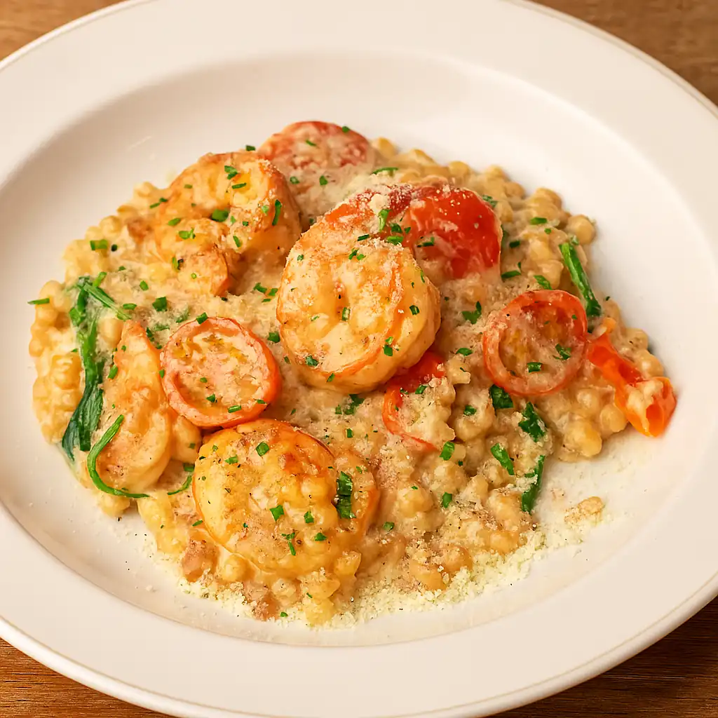 Птитім із креветками, шпинатом і вершковим соусом