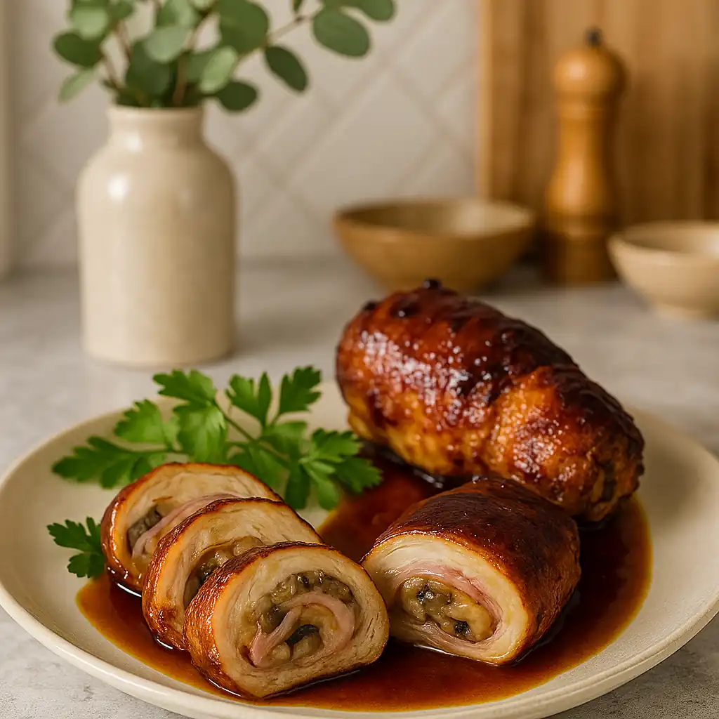 Курячі рулетики з грибами, сиром і ветчиною у мультипечі