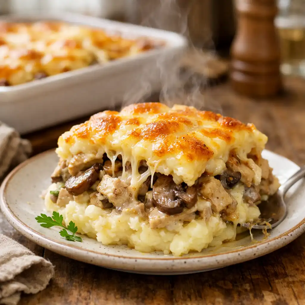 Картопляна запіканка з куркою і грибами — ситна вечеря з сирною скоринкою