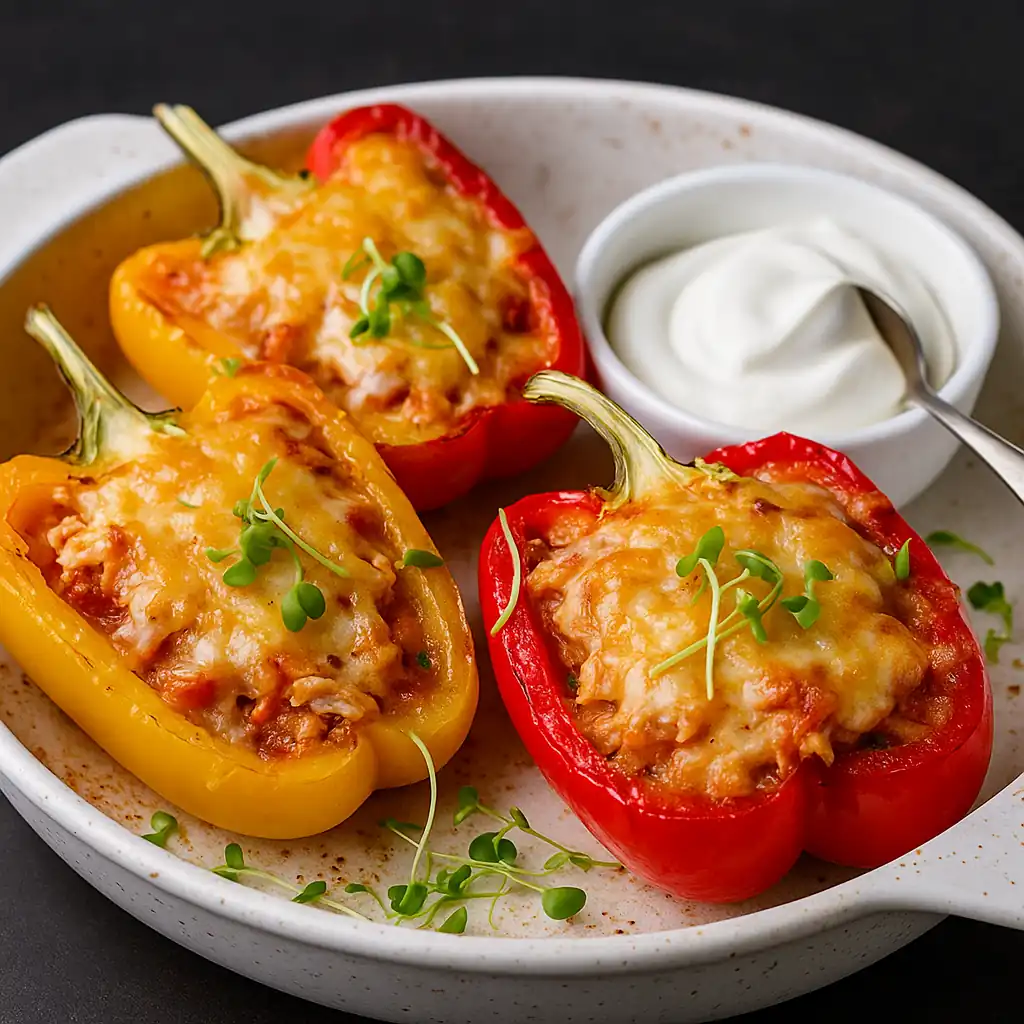 Запечені перці з куркою, сиром і сметанною заливкою