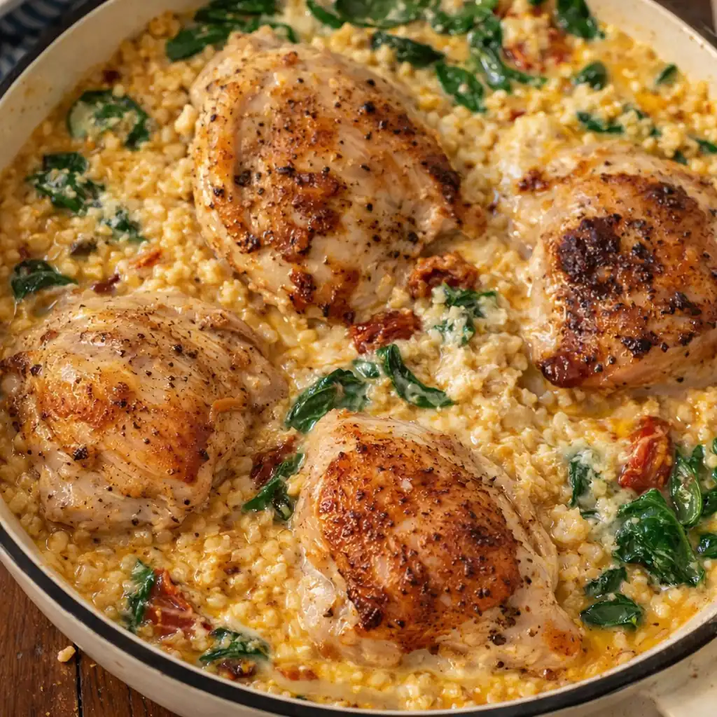 Сливочний булгур з куркою та в’яленими томатами