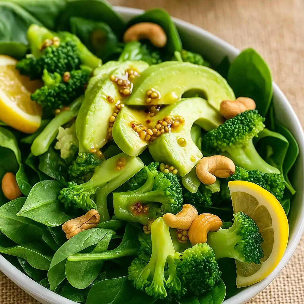 Теплий салат з броколі, шпинатом та авокадо