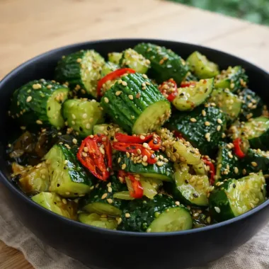 Биті огірки з кунжутом і чилі — хрустка пікантна закуска за 10 хв