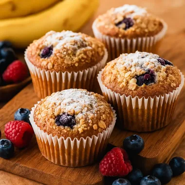 Бананові кекси з ягодами та вівсяною крихтою