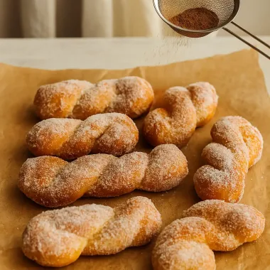 Повітряні дріжджові пончики-спиральки з цукром і корицею