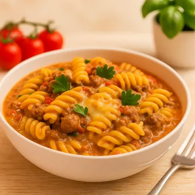 Макарони з м’ясним фаршем у вершково-томатному соусі