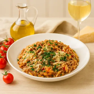 Паста орзо з фаршем у томатному соусі