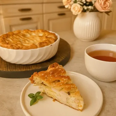 Пиріг із куркою, сиром і творогом на листковому тісті