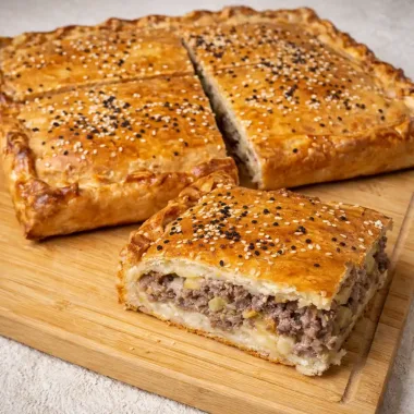 Соковитий м’ясний пиріг з картоплею