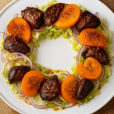 Салат з печінкою, хурмою та салатом айсберг з гірчичною заправкою