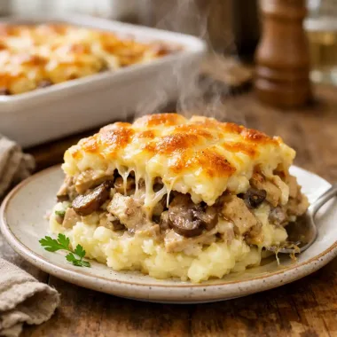 Картопляна запіканка з куркою і грибами — ситна вечеря з сирною скоринкою