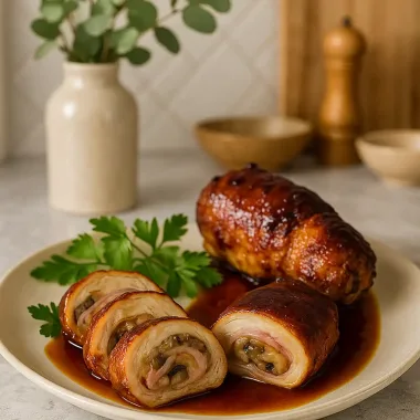 Курячі рулетики з грибами, сиром і ветчиною у мультипечі