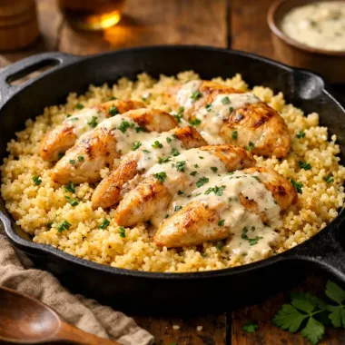 Курка з булгуром у вершковому соусі — ситна вечеря на сковороді